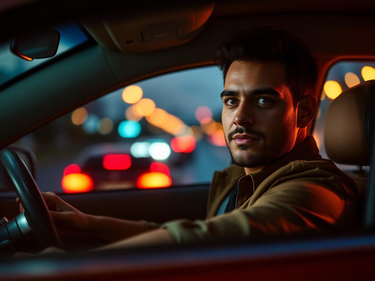 Motorista dirigindo à noite